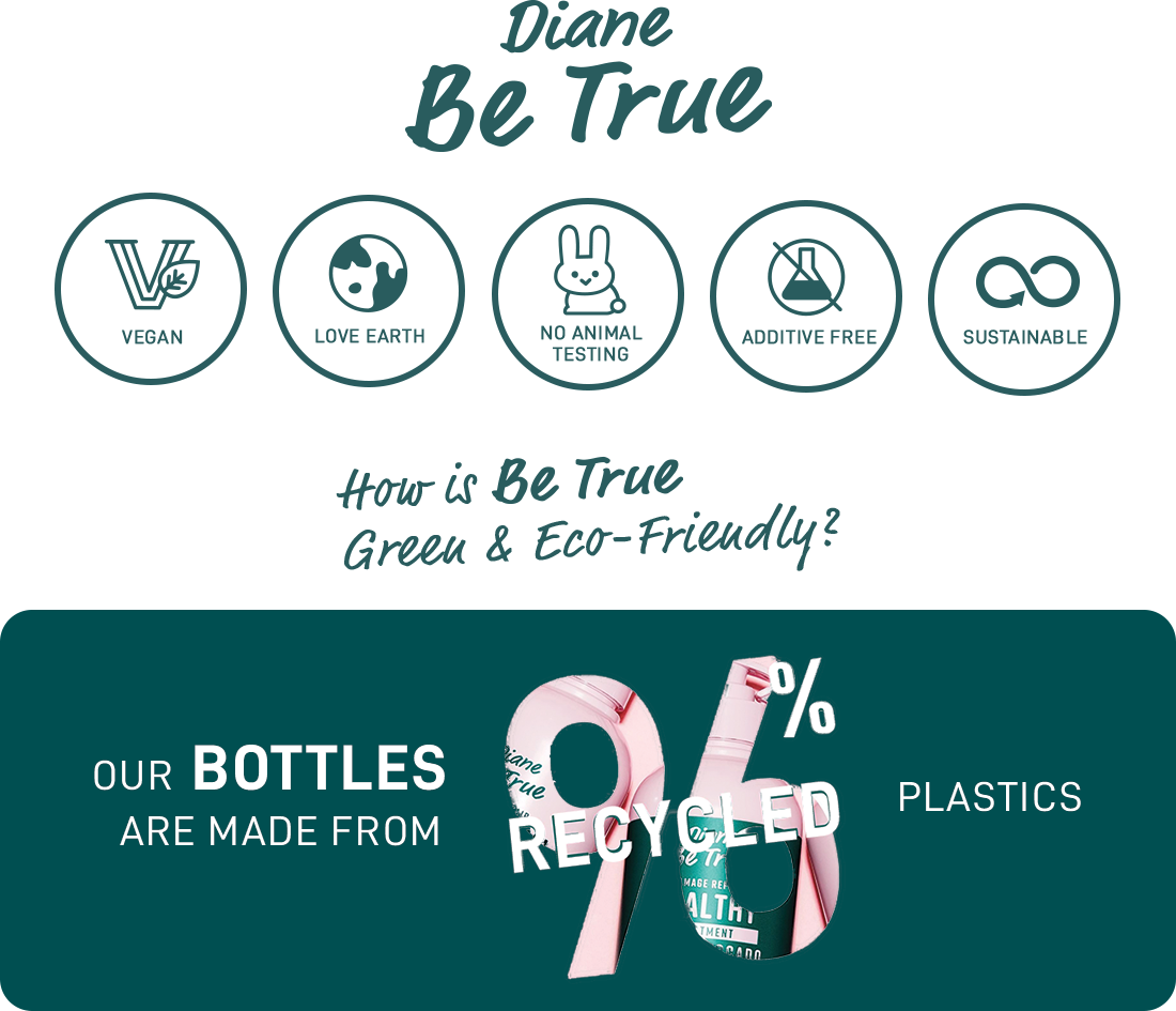 Diane Be True | VEGAN | LOVE EARTH | NO ANIMAL TESTING | ADDITIVE FREE | SUSTAINABLE | How is Be True Green & Eco-Friendly? | Our BOTTLES AREE MADE FROM 965 RECYCLED PLASTICS